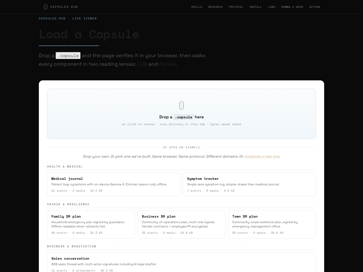 Capsule Explorer interface showing browser-based capsule loading and example artifacts.